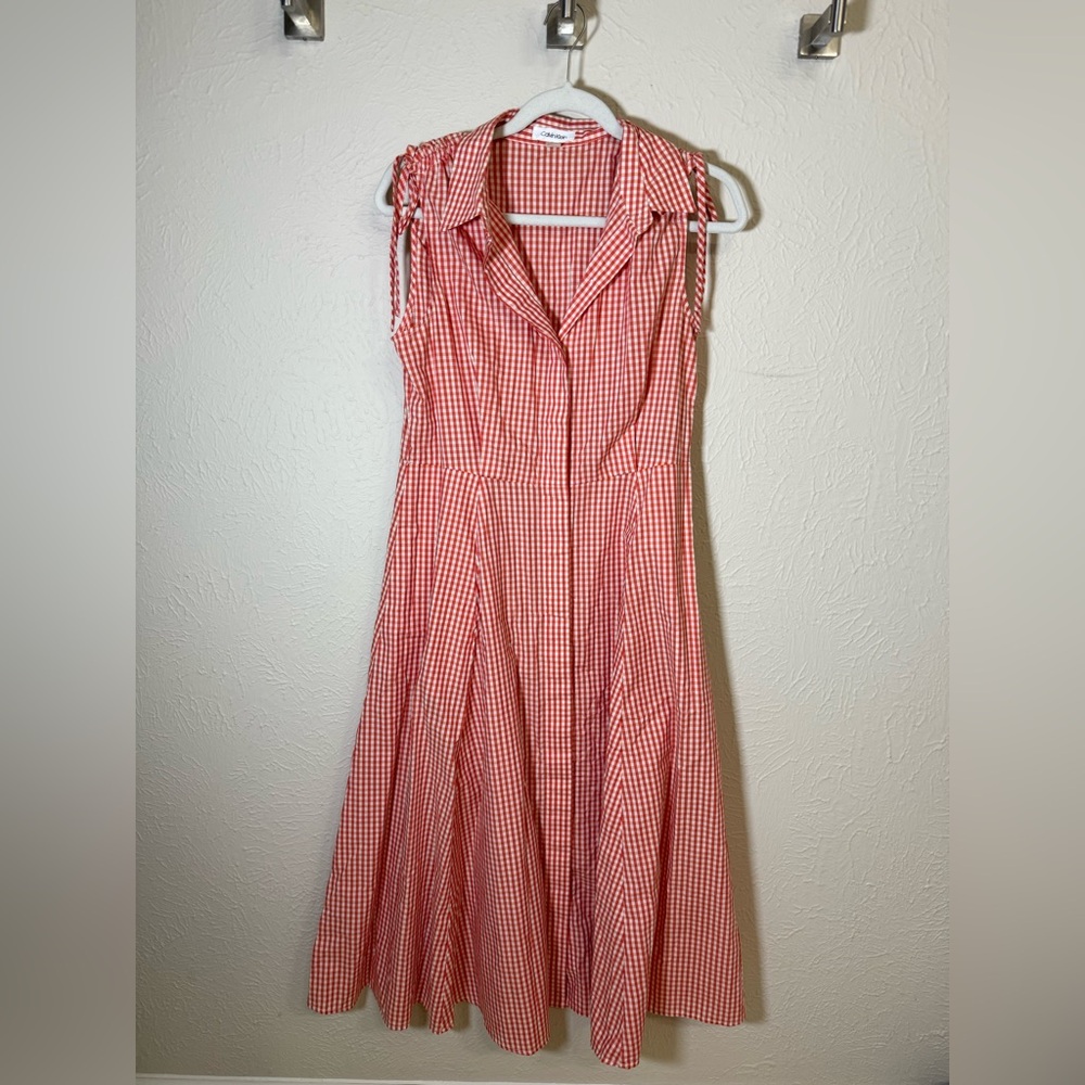 Calvin Klein Orange Gingham Sleeveless Midi Dress, Size 8